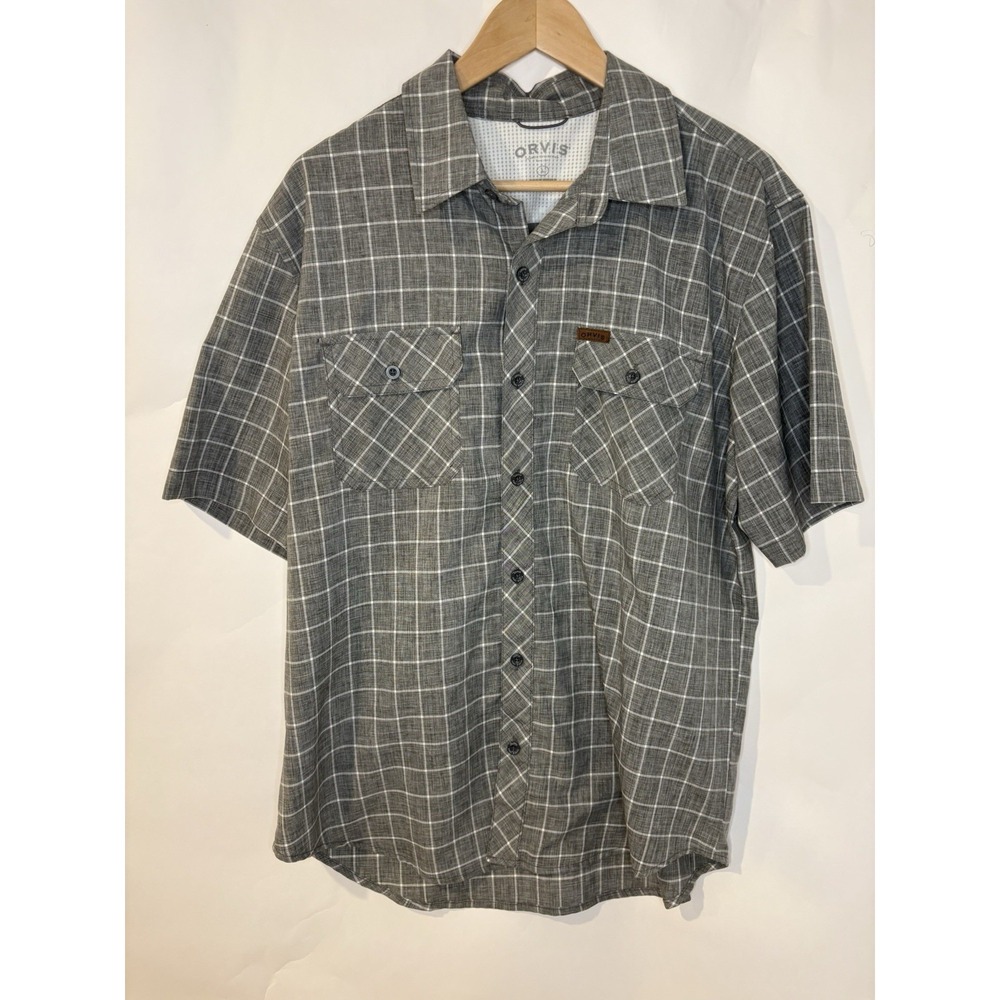 Orvis Wrinkle Free Short Sleeve Button Down Shirt Men's L Check Plaid Gray White